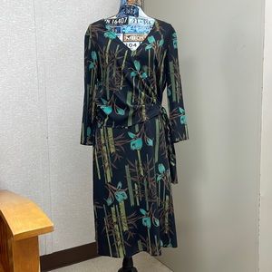 BCBG MAXAZRIA dress, size L, black with bamboo, flower, and leaf pattern
